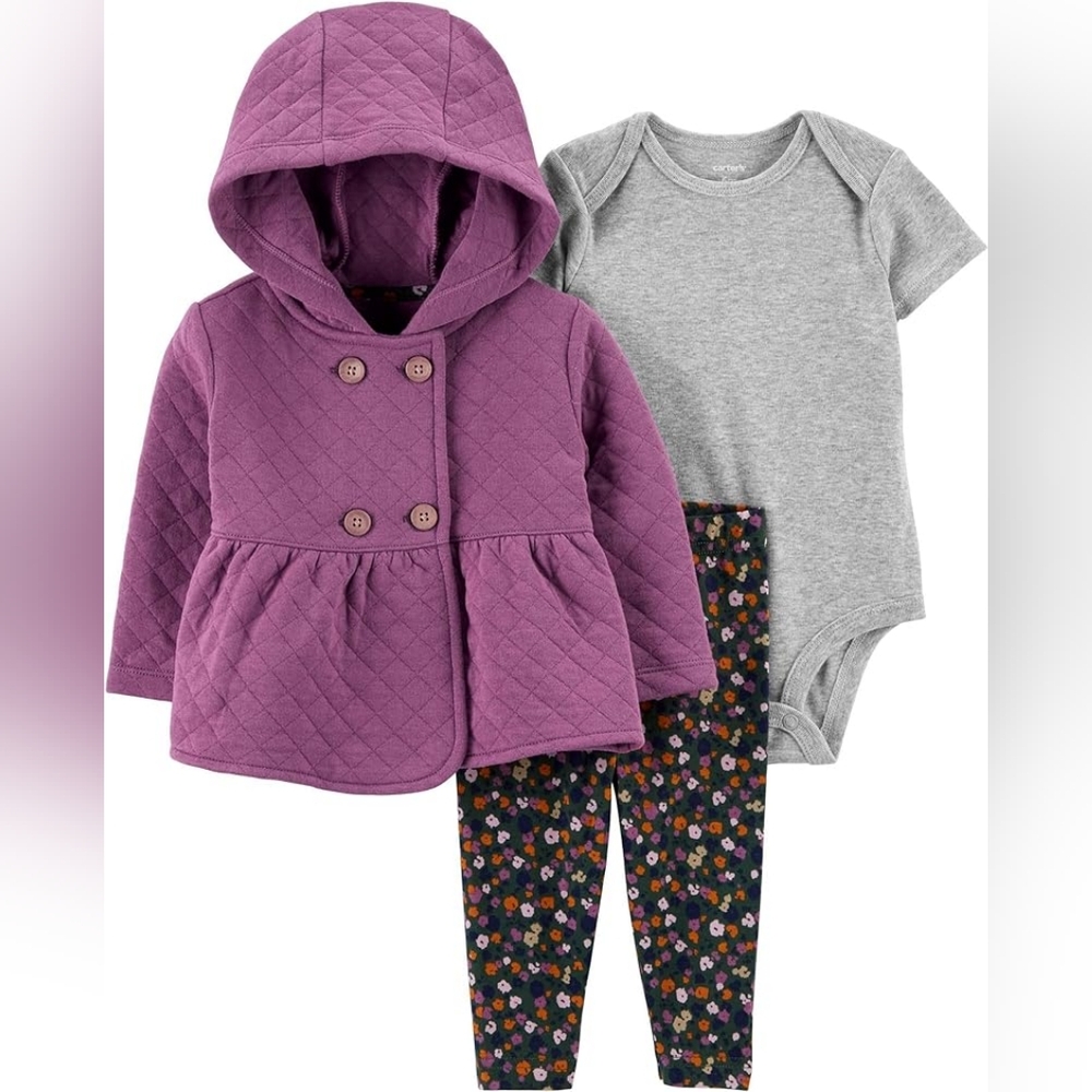 Carter's baby-girls 3-piece Layette Set Quilted Purple Grey Floral Newborn